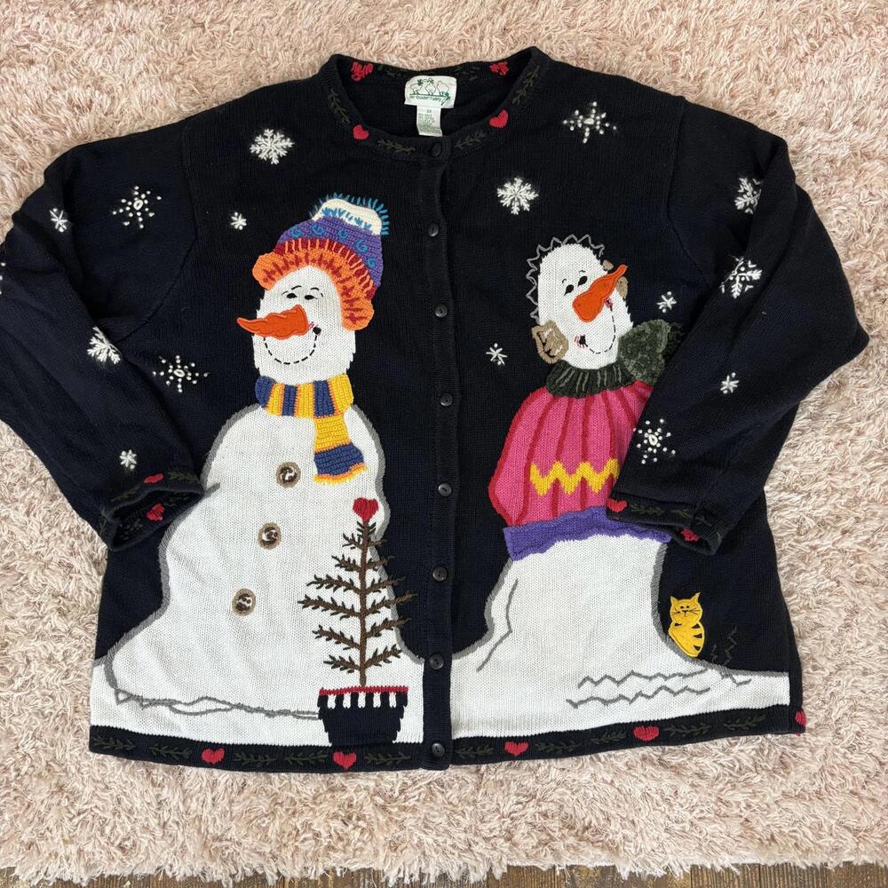 Vtg 90s The Quacker Factory snowman knit embroidered cardigan sz 2X